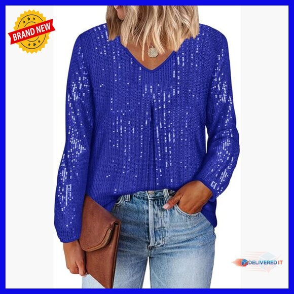 Tops - Plus Size Long Sleeve Sequin Tunic V-Neck Blouse Party Casual Wear
